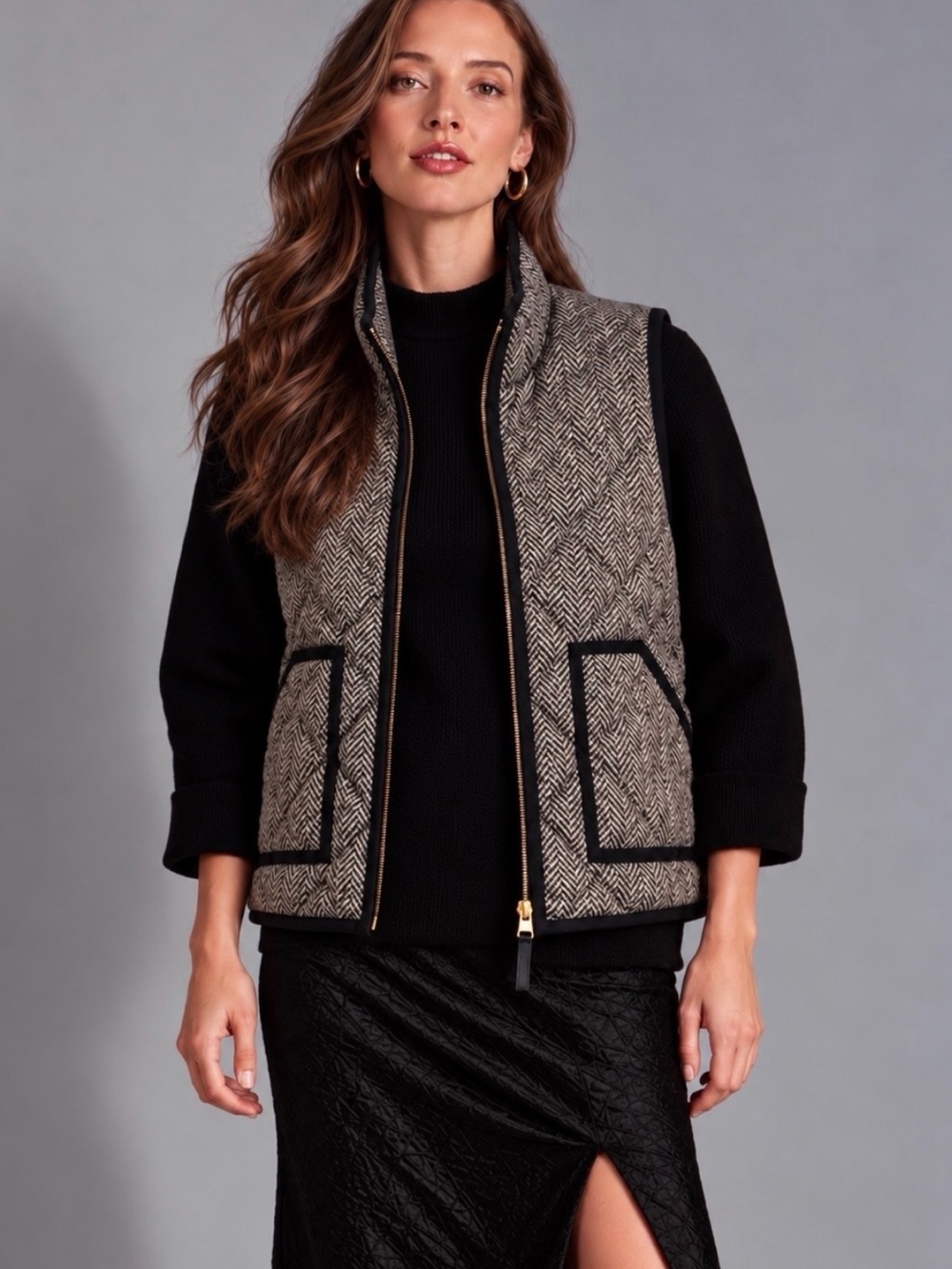 J. Crew Heritage Herringbone Excursion Quilted Down Puffer Vest Size L
